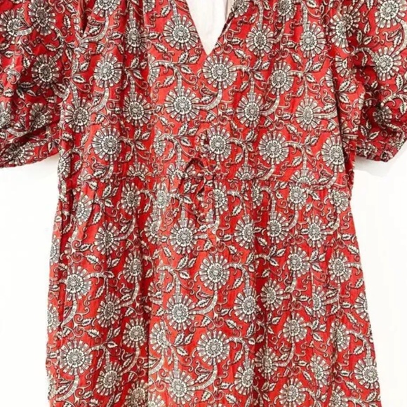 Clara The Label Red & Cream Floral Block Print Puff Sleeve Dress M - Picture 4 of 7